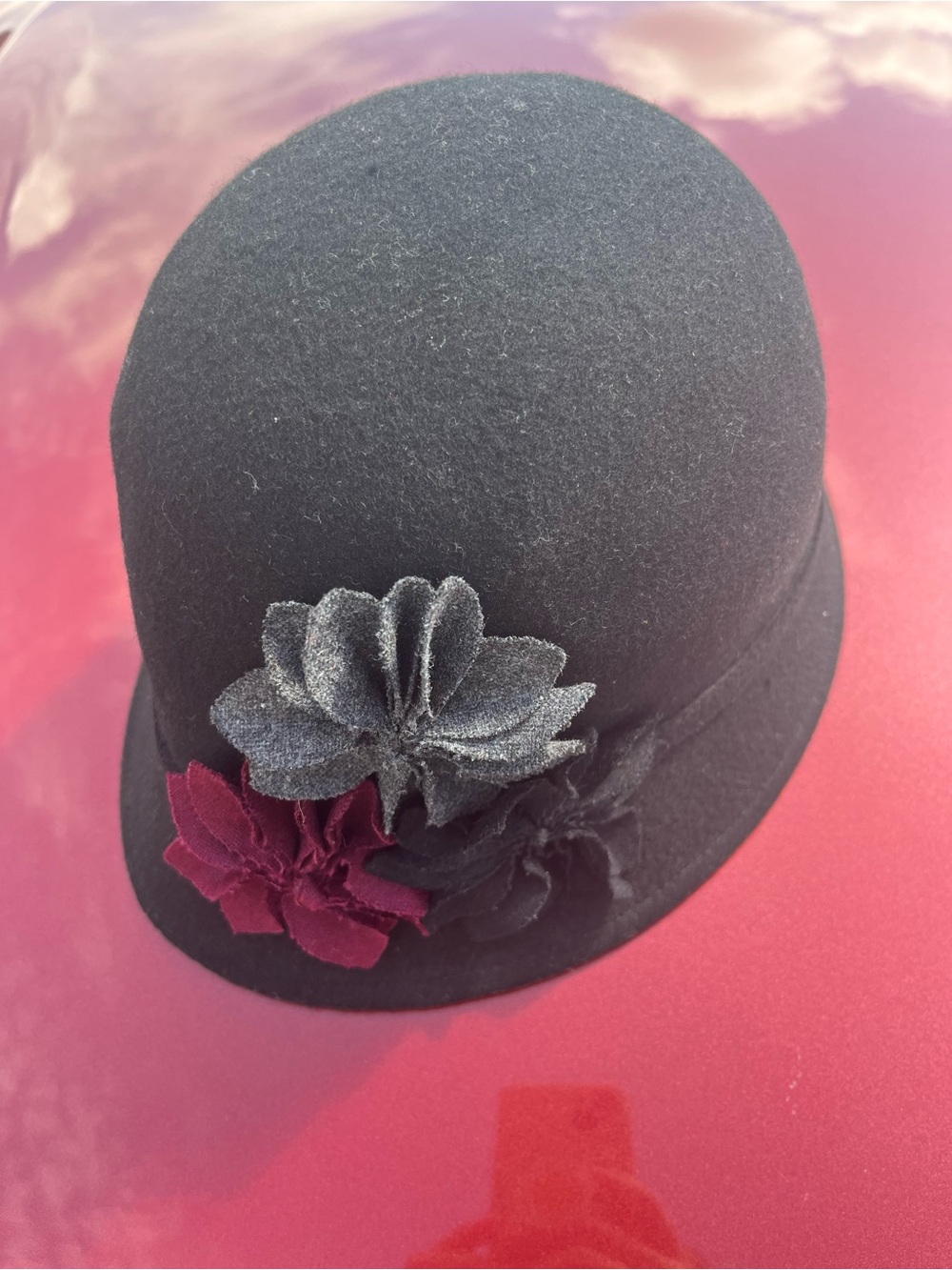 Vintage La Scala Black Cloche Hat with Floral Accents 100% wool